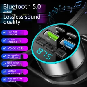 66W 4-Port Fast Car Charger with Bluetooth 5.0 FM Transmitter & Hands-Free Calling