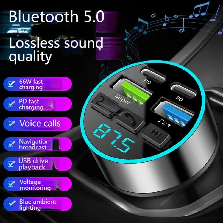 66W 4-Port Fast Car Charger with Bluetooth 5.0 FM Transmitter & Hands-Free Calling