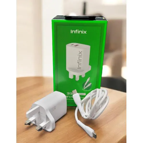 Infinix 33W GaN Fast Charger with USB-C Cable – Dual Port USB-A & USB-C Wall Charger