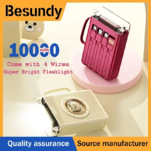 Besundy 10000mAh Cartoon Power Bank – Fast Charging Portable Power Bank with Built-in 4 Cables & Lanyard