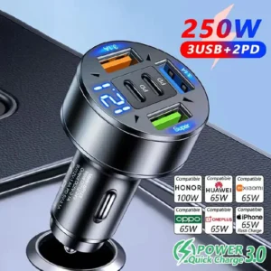 250W 5-Port Fast Car Charger with LED Display – PD QC3.0 USB-C Car Charging Adapter