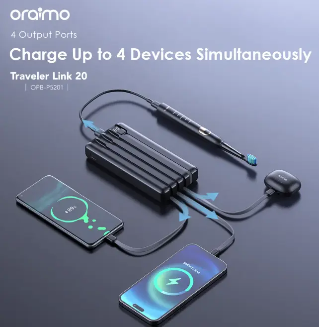 Oraimo OPB-P5201 20000mAh Power Bank – 12W Fast Charging with Built-in Cable, 4 Outputs & LED Torch - Image 4
