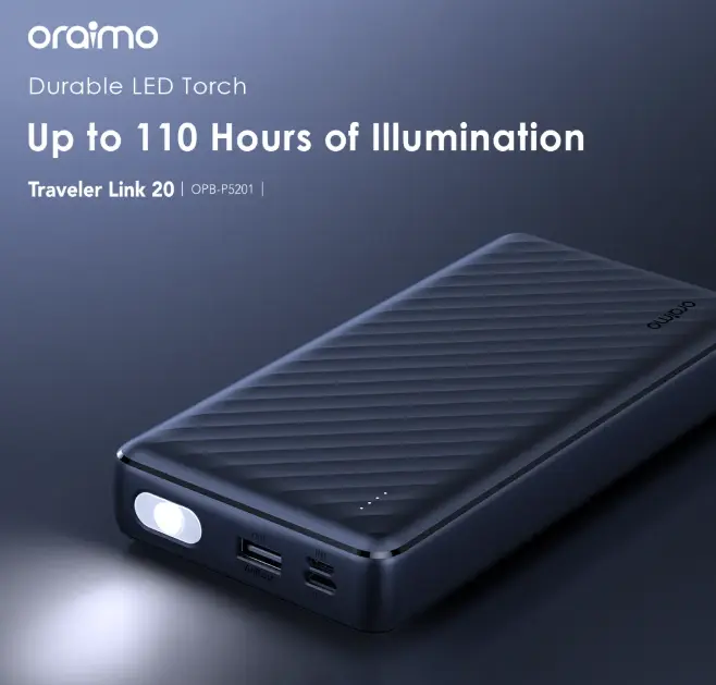 Oraimo OPB-P5201 20000mAh Power Bank – 12W Fast Charging with Built-in Cable, 4 Outputs & LED Torch - Image 2