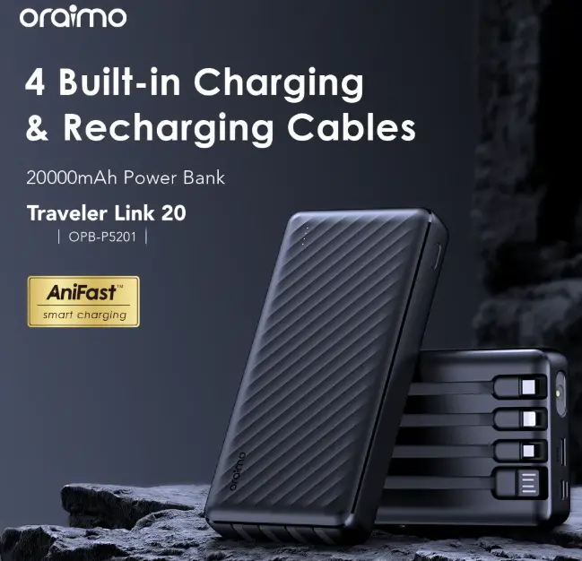 Oraimo OPB-P5201 20000mAh Power Bank – 12W Fast Charging with Built-in Cable, 4 Outputs & LED Torch - Image 5