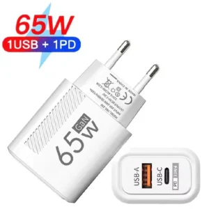 65W Dual Port USB-C Fast Wall Charger with Charging Cable – PD Fast Charging Adapter