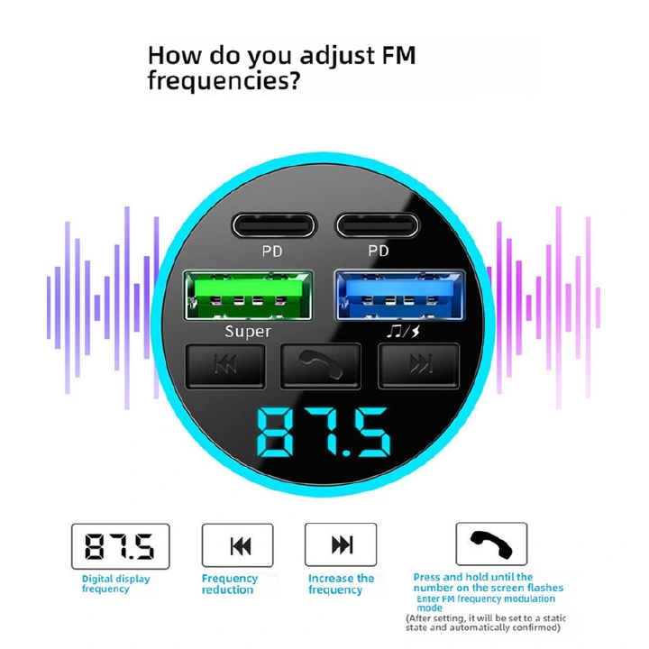 66W 4-Port Fast Car Charger with Bluetooth 5.0 FM Transmitter & Hands-Free Calling - Image 4
