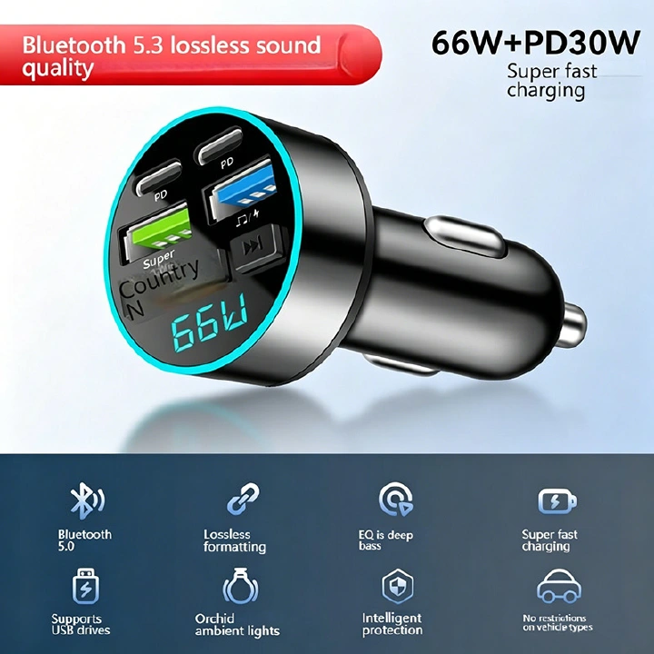 66W 4-Port Fast Car Charger with Bluetooth 5.0 FM Transmitter & Hands-Free Calling - Image 2
