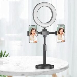 Dual Phone Desktop Stand with 6-Inch LED Ring Light – Black