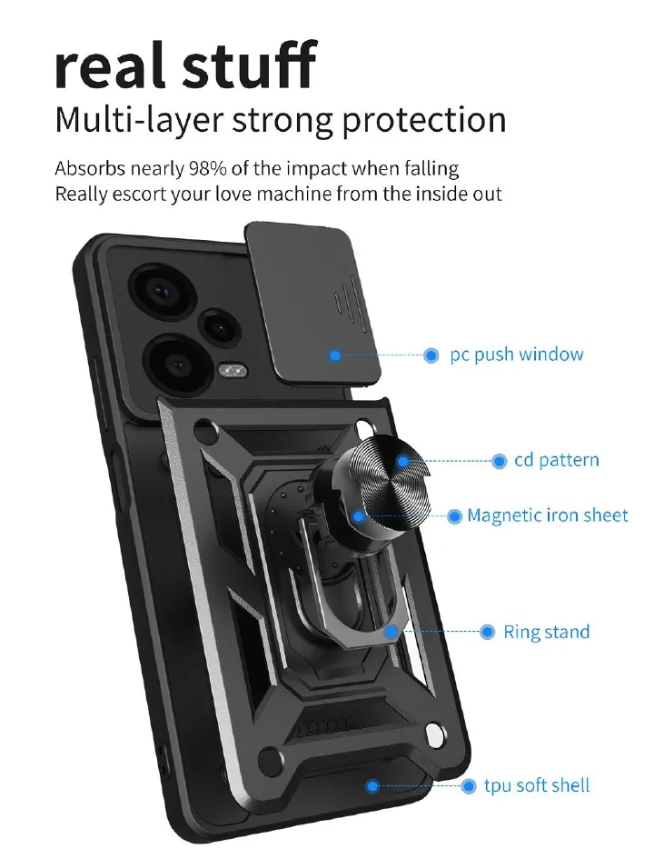 Shockproof Rugged Case for Xiaomi Redmi Note 12 Pro+ 5G with Sliding Camera Cover & 360° Magnetic Ring Stand - Image 2
