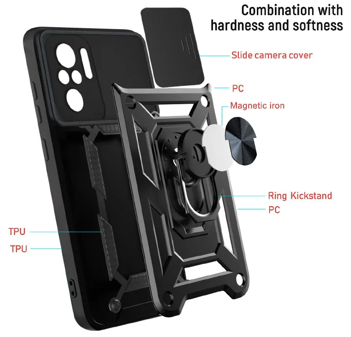 Shockproof Rugged Case for Xiaomi Redmi Note 10 / Note 10S with Sliding Camera Cover & 360° Magnetic Ring Stand - Image 5