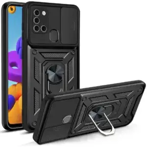 Shockproof Rugged Case for Samsung Galaxy A21S with Sliding Camera Cover & 360° Magnetic Ring Stand