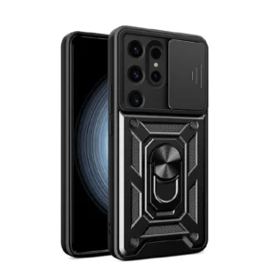 Shockproof Rugged Case for Samsung Galaxy S24 Ultra with Sliding Camera Cover & 360° Magnetic Ring Stand