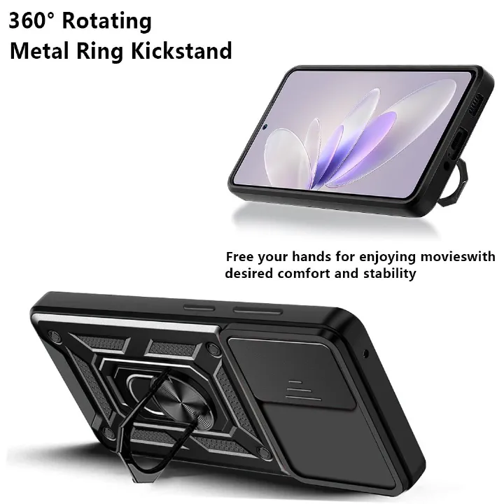 Shockproof Rugged Case for Vivo V27 / V27 Pro 5G with Sliding Camera Cover & 360° Magnetic Ring Stand - Image 2