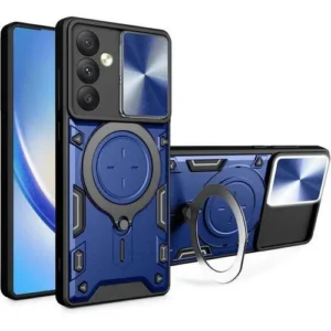 Shockproof Rugged Case for Samsung Galaxy M35 5G with Sliding Camera Cover & Ring Kickstand – Blue